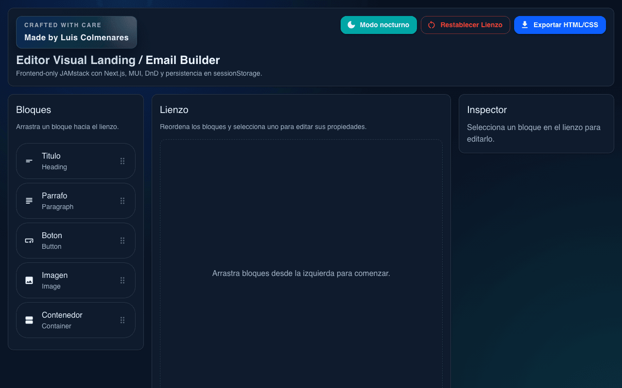 Captura de pantalla del proyecto Editor Visual Landing / Email Builder